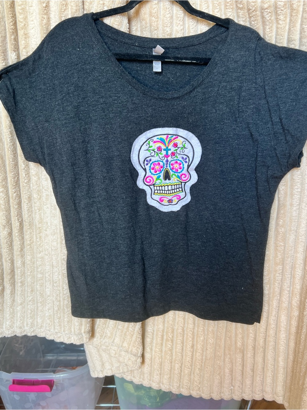 Banana Republic Black Tee with Colorful Sugar Skull Patch Halloween